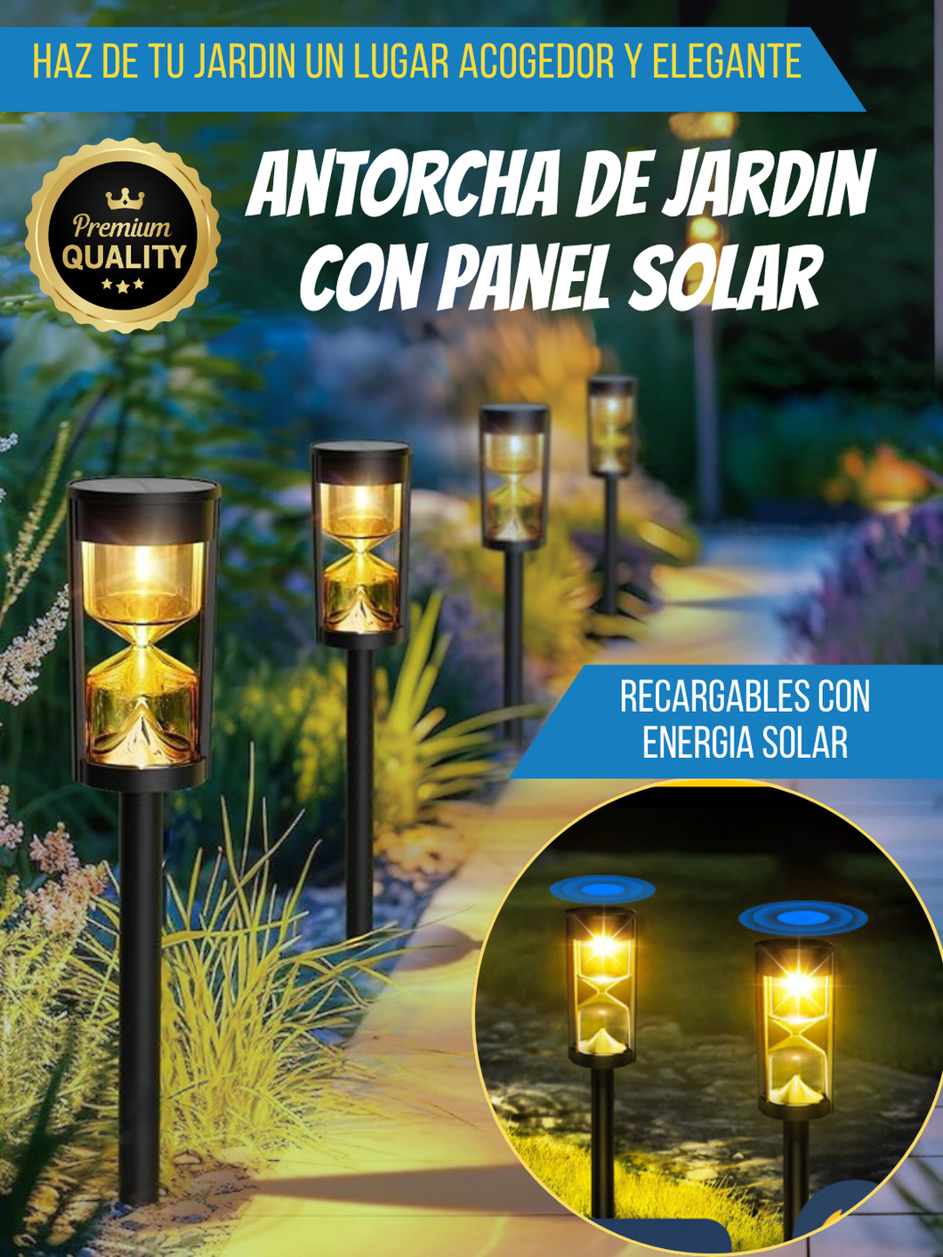ANTORCHA DE JARDIN CON PANEL SOLAR.